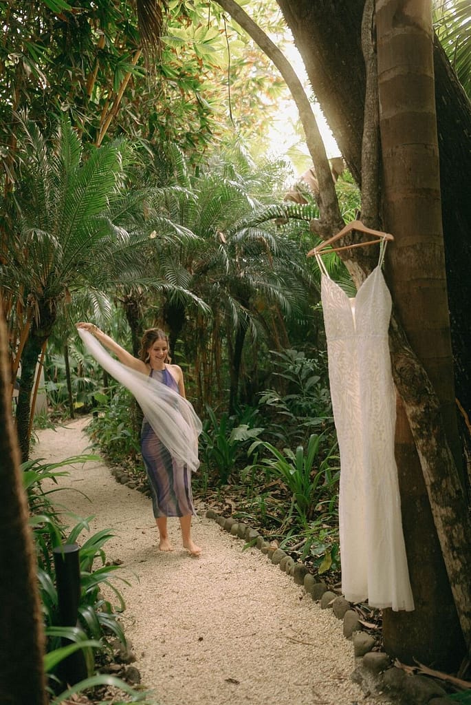 Wedding dress hanging from a tree in the jungle garden at Hotel Nantipa, Santa Teresa, Costa Rica